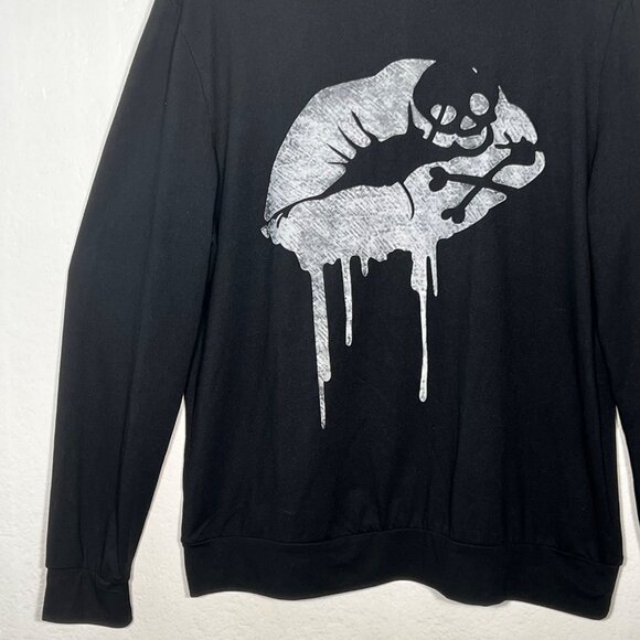 Ranlege Kissy Lips Large Black Long Sleeve Hood Lips Skull Pullover Fatal Kiss - Picture 5 of 15